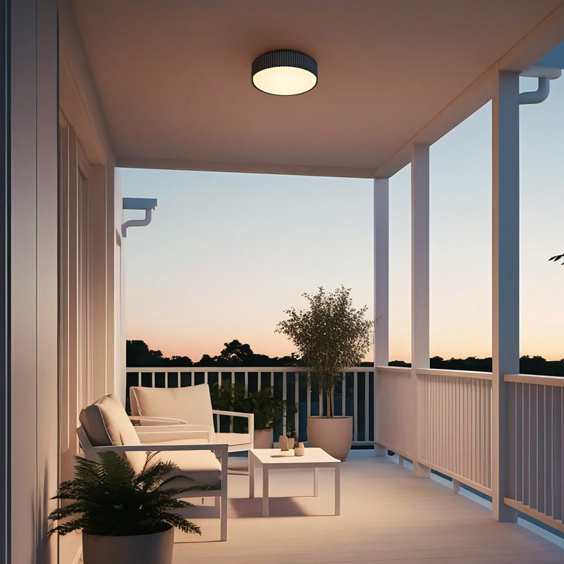 Alteck Channel 9in 1-Light LED Outdoor Flush Mount | Art Deco Sand Black Aluminum and Etched White Opal Glass | Porch | Model AFM0064-5CCT-W-BK