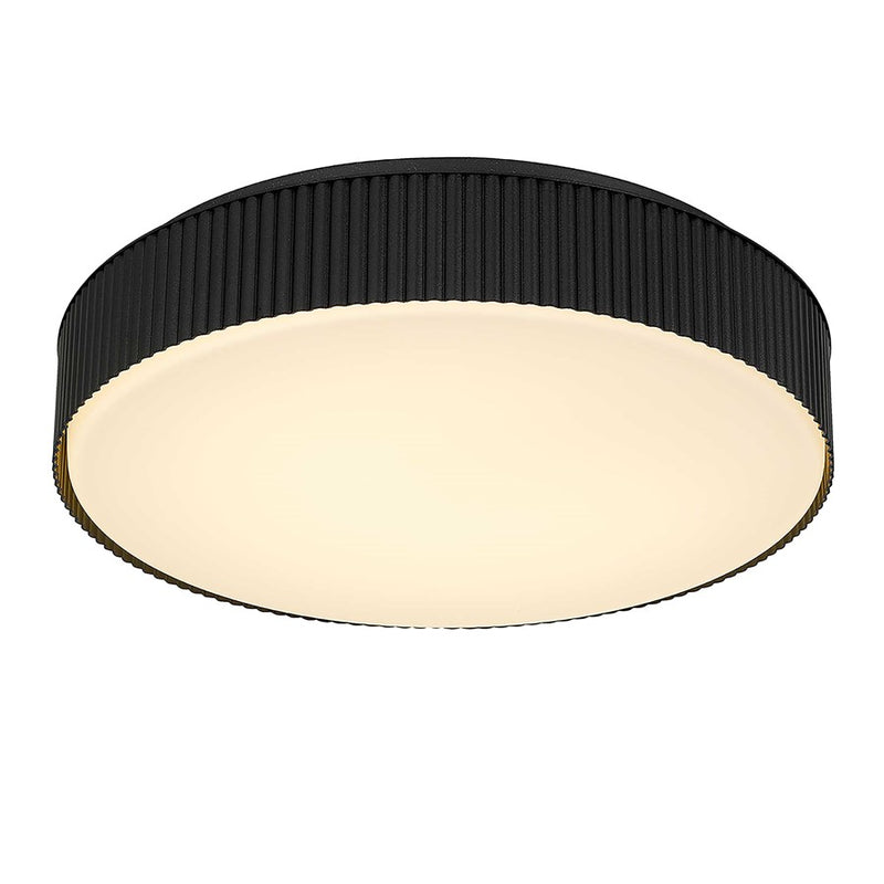Alteck Channel 13in 1-Light Outdoor Flush Mount | Art Deco Sand Black Aluminum and Etched White Opal Glass | Covered Patio | Model AFM0065-5CCT-W-BK