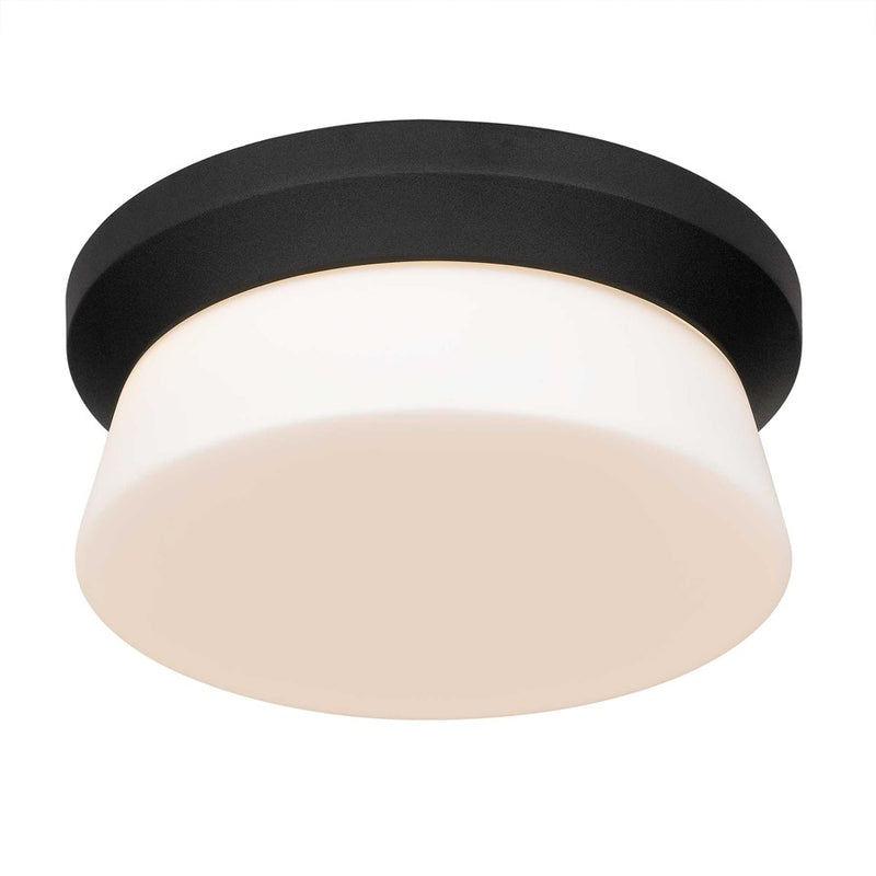 Alteck Skirt 11in 1-Light Outdoor Flush Mount | Mid-Century Sand Black Aluminum and Etched White Opal Glass | Covered Patio | Model AFM0148-3CCT-W-BK