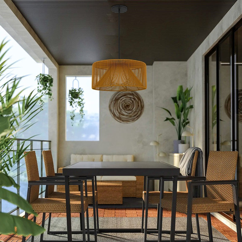 Alteck Key West 22in 1-Light Outdoor Pendant | Contemporary Sand Black and Weather Resistant Rattan | Covered Patio & Porch | Model AP0149-5CCT-W-BK