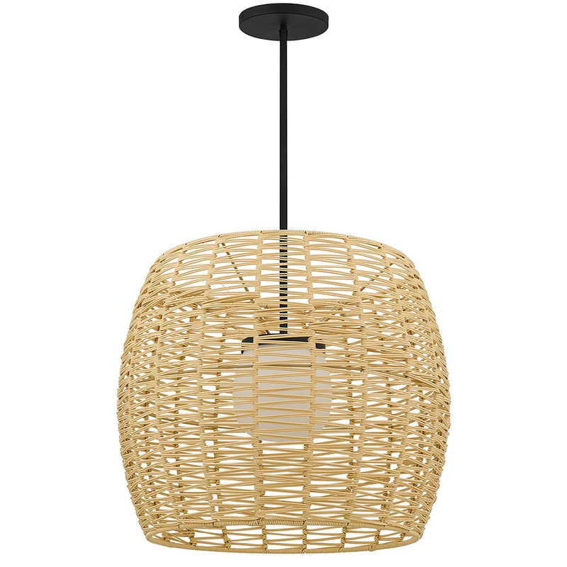 Alteck Aruba 24in 1-Light LED Outdoor Pendant | Contemporary Sand Black Aluminum and Weather Resistant Rattan with Opal | Model AP0151-5CCT-W-BK