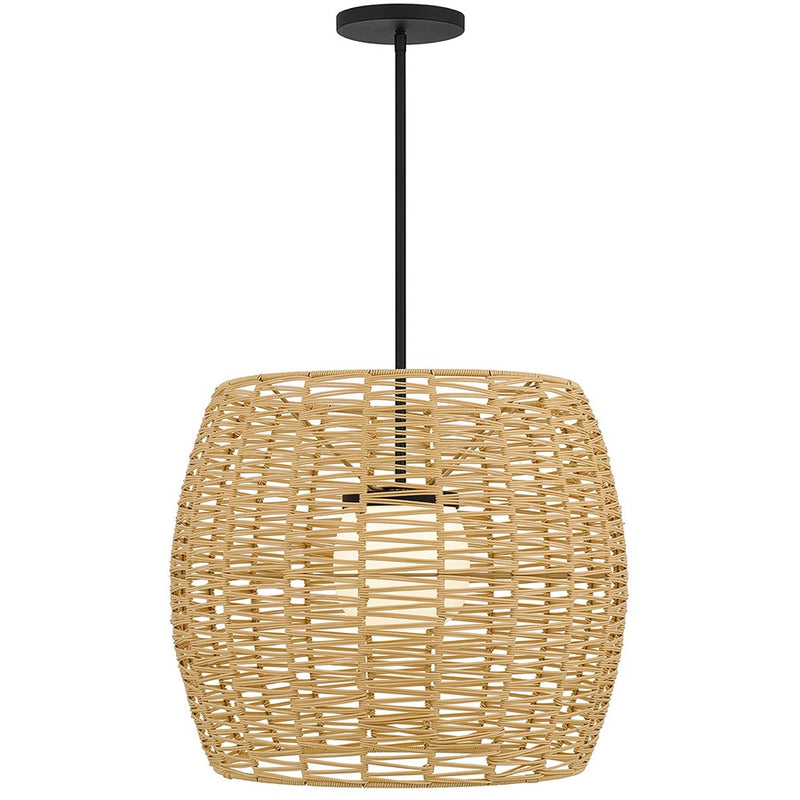 Alteck Aruba 24in 1-Light LED Outdoor Pendant | Contemporary Sand Black Aluminum and Weather Resistant Rattan with Opal | Model AP0151-5CCT-W-BK