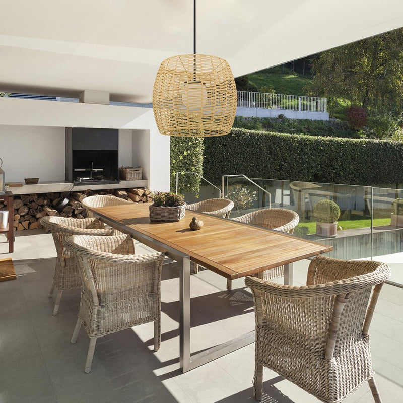 Alteck Aruba 24in 1-Light LED Outdoor Pendant | Contemporary Sand Black Aluminum and Weather Resistant Rattan with Opal | Model AP0151-5CCT-W-BK