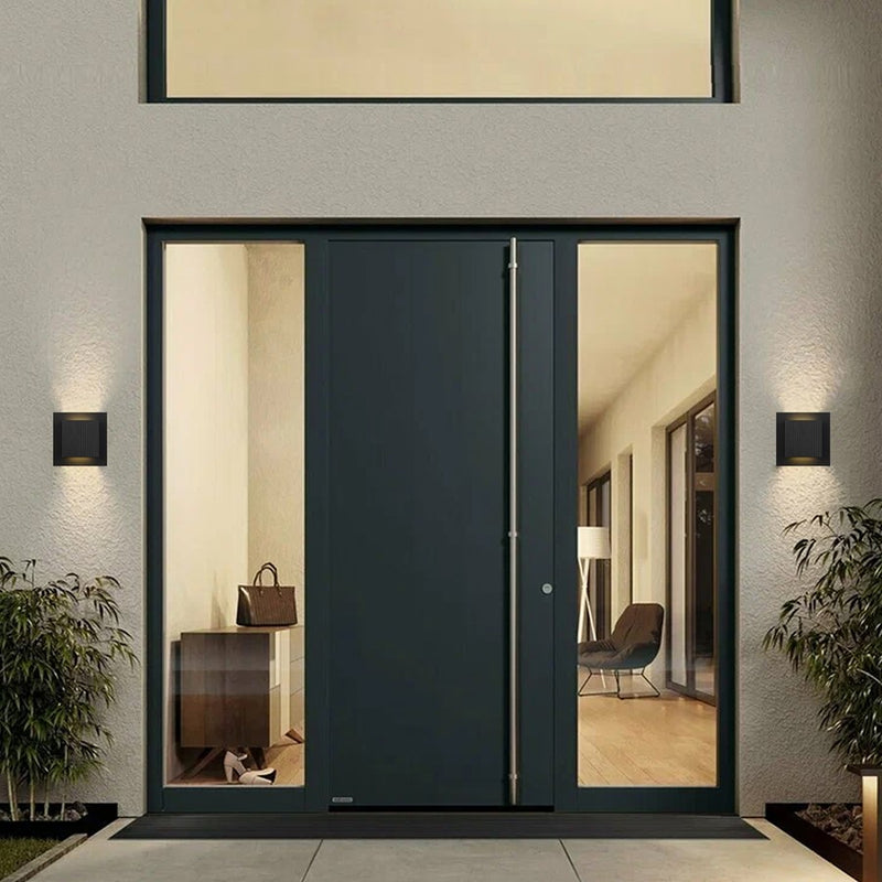 Alteck Miami 8in 1-Light LED Outdoor Sconce | Art Deco Sand Black Aluminum and Sand Blast Glass | Porch & Entryway | Model AW0060-3CCT-W-BK