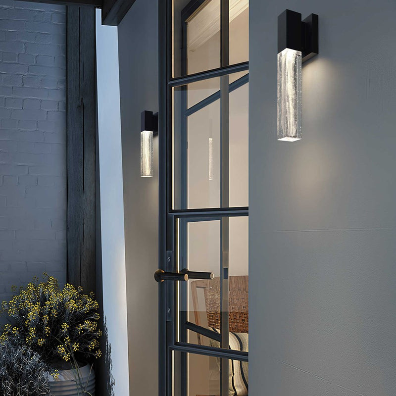 Alteck Folio 14in LED Outdoor Sconce | Contemporary Sand Black and Clear Wispy Glass | Porch & Entryway | 653 Lumens, 3-CCT | Model AW0130-3CCT-W-BK