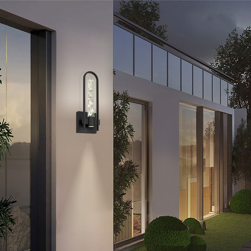 Alteck Arch 12.75in LED Outdoor Wall Sconce | Contemporary Sand Black Aluminum and Clear Wispy Opal Glass | Patio & Entryway | Model AW0131-3CCT-W-BK