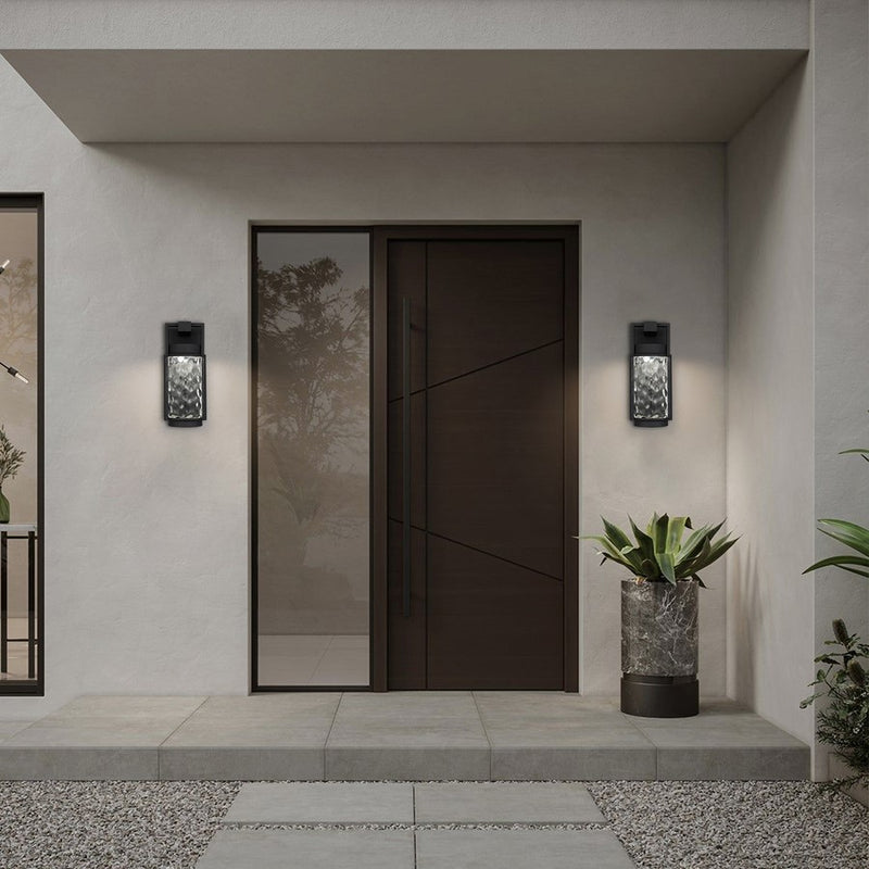 Alteck Winston 12in 1-Light LED Outdoor Wall Sconce | Contemporary Sand Black Aluminum and Clear Hammered Glass | Entryway | Model AW0140-3CCT-W-BK