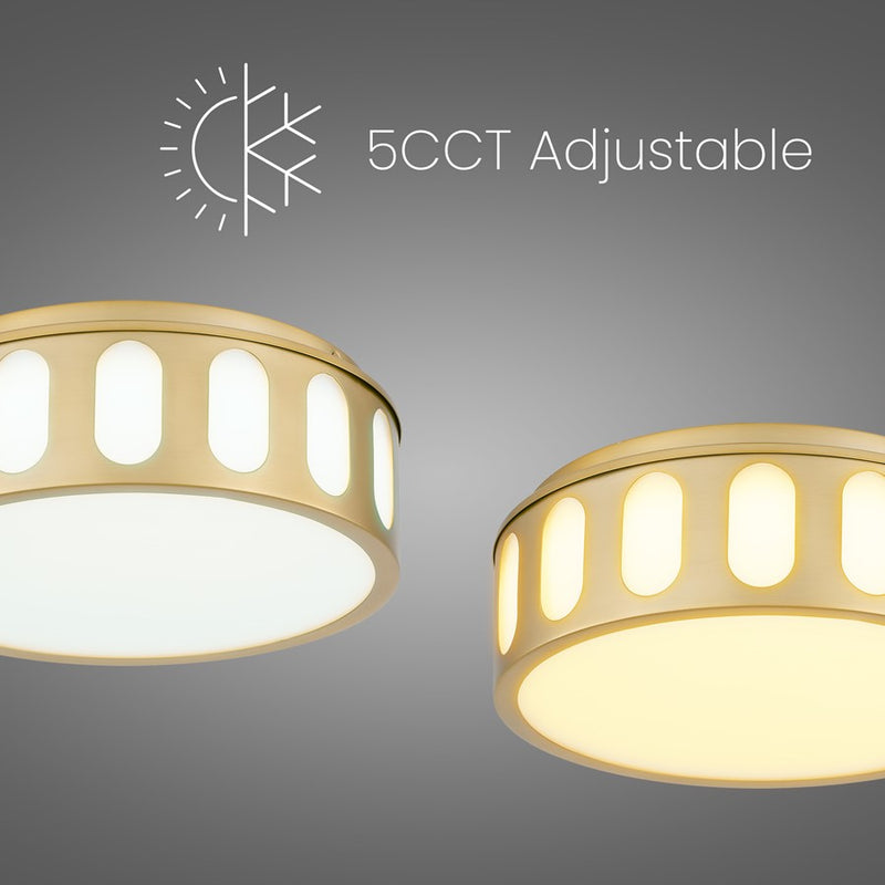 Alteck Opera 11.25in LED Flush Mount | Transitional Antique Brass and Frosted PC | Hallway & Bedroom Ceiling Light | Model BFM0022-5CCT-AB