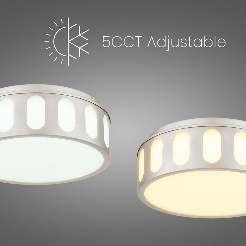 Alteck Opera 11.25in 1-Light LED Flush Mount | Transitional Brushed Nickel Steel and Frosted PC | Hallway & Bedroom | Model BFM0022-5CCT-BN