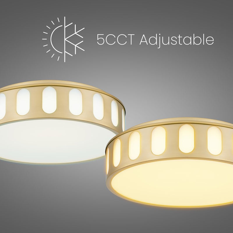Alteck Opera 15in 1-Light LED Flush Mount | Transitional Antique Brass and Frosted PC | Hallway & Bedroom | 15 x 15 x 4 in | Model BFM0023-5CCT-AB