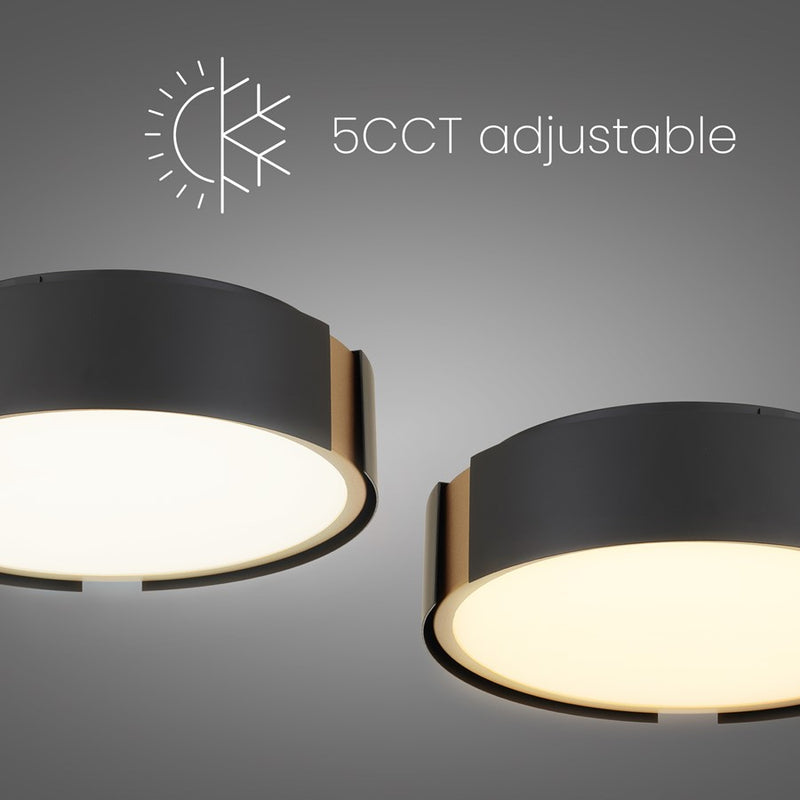 Alteck Milan 10in 1-Light LED Flush Mount | Contemporary Matte Black and Brass Accent | Entryway & Hallway | 10 x 10 x 3 in | Model BFM0028-5CCT-BK