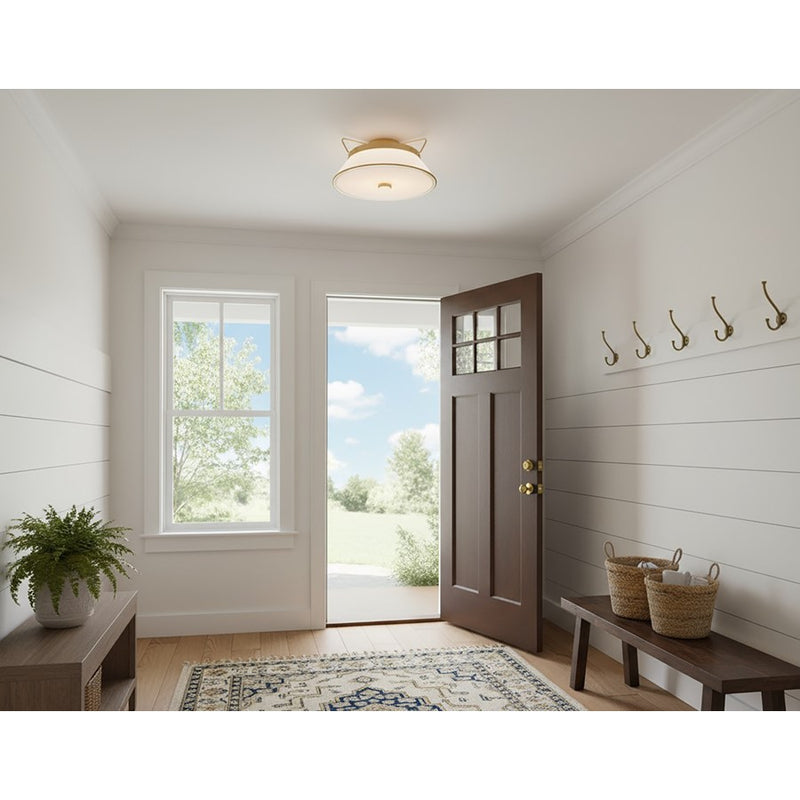 Artcraft Layla 2 Light Semi Flush Mount, Brushed Brass/White