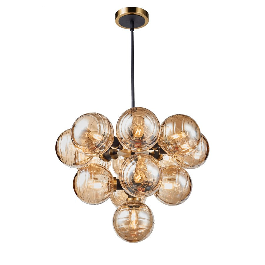 Artcraft Gem 13 Light Down Pendant, Black/Brushed Brass/Amber