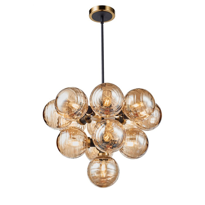 Artcraft Gem 13 Light Down Pendant, Black/Brushed Brass/Amber