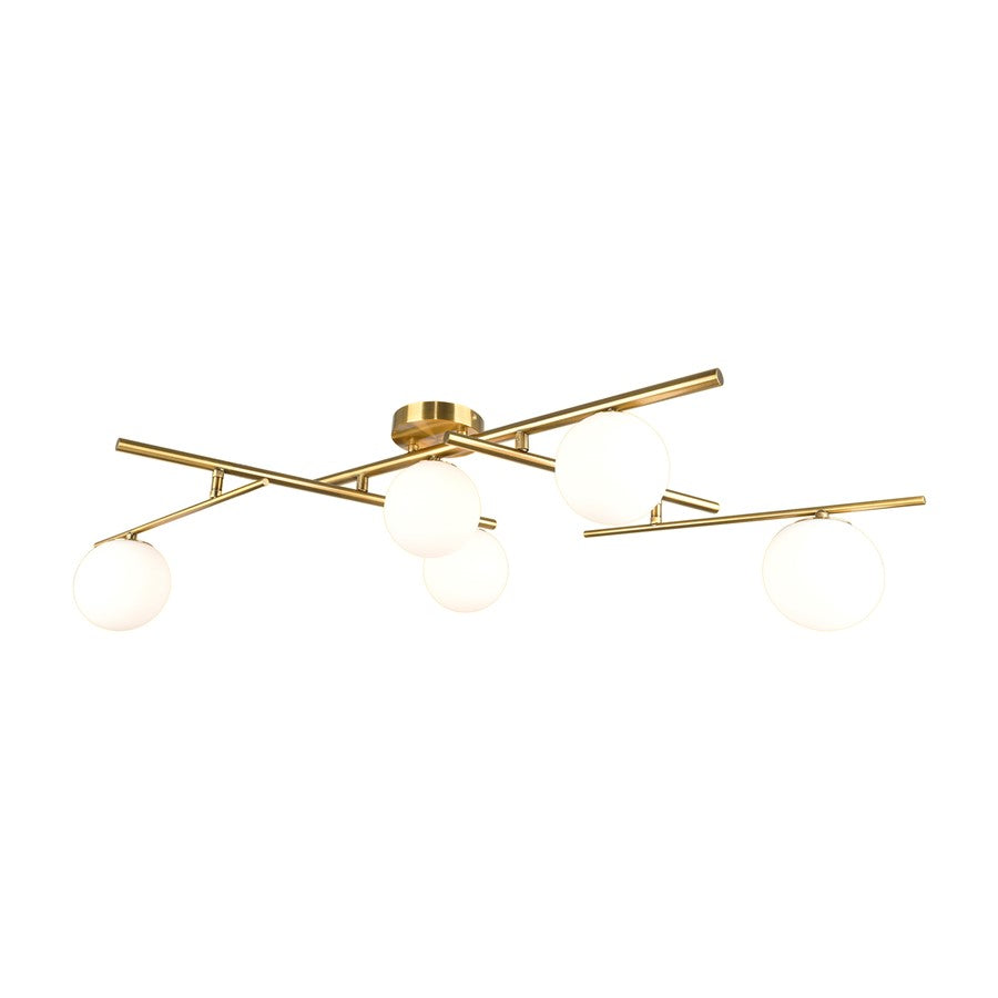 Artcraft Modena 5 Light Semi-Flush Mount, Plated Brushed Brass/White