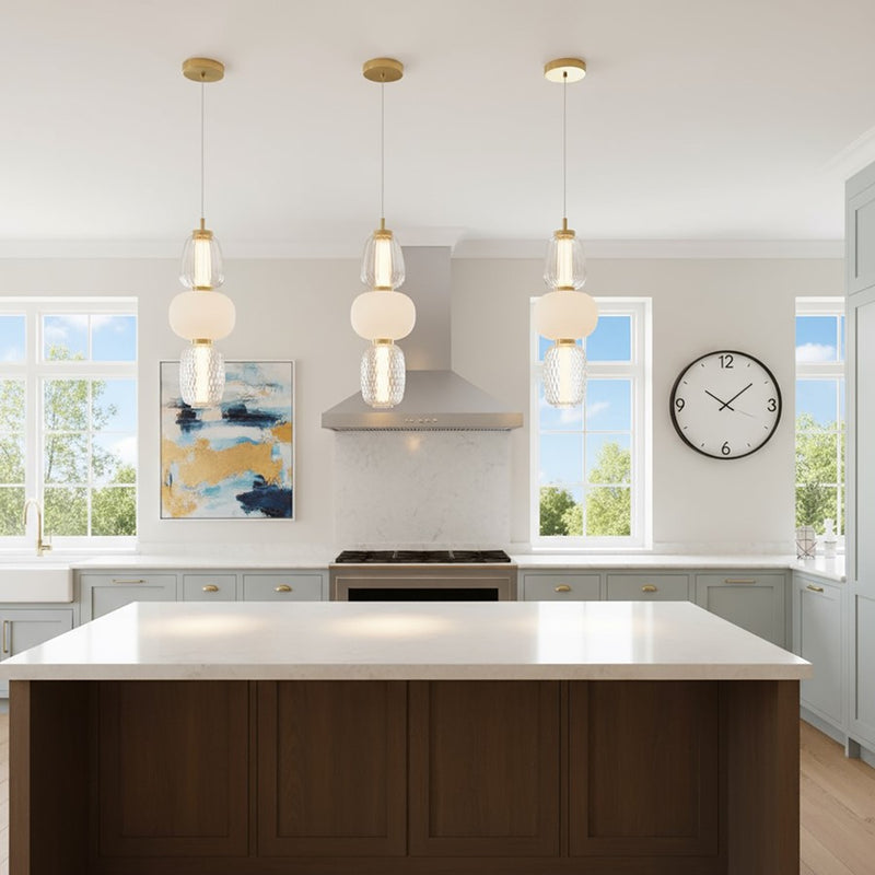 Artcraft Cyra 1 Light Triple Shade Pendant, Brass/White/Clear