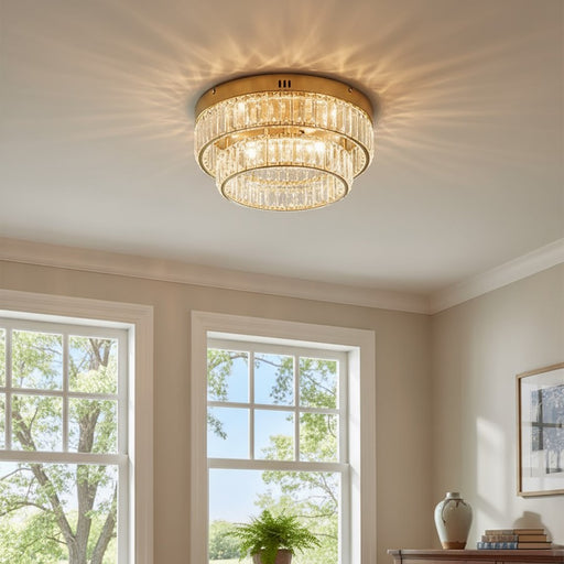 Artcraft Stella 2 Light Flush Mount, Brushed Brass/Clear