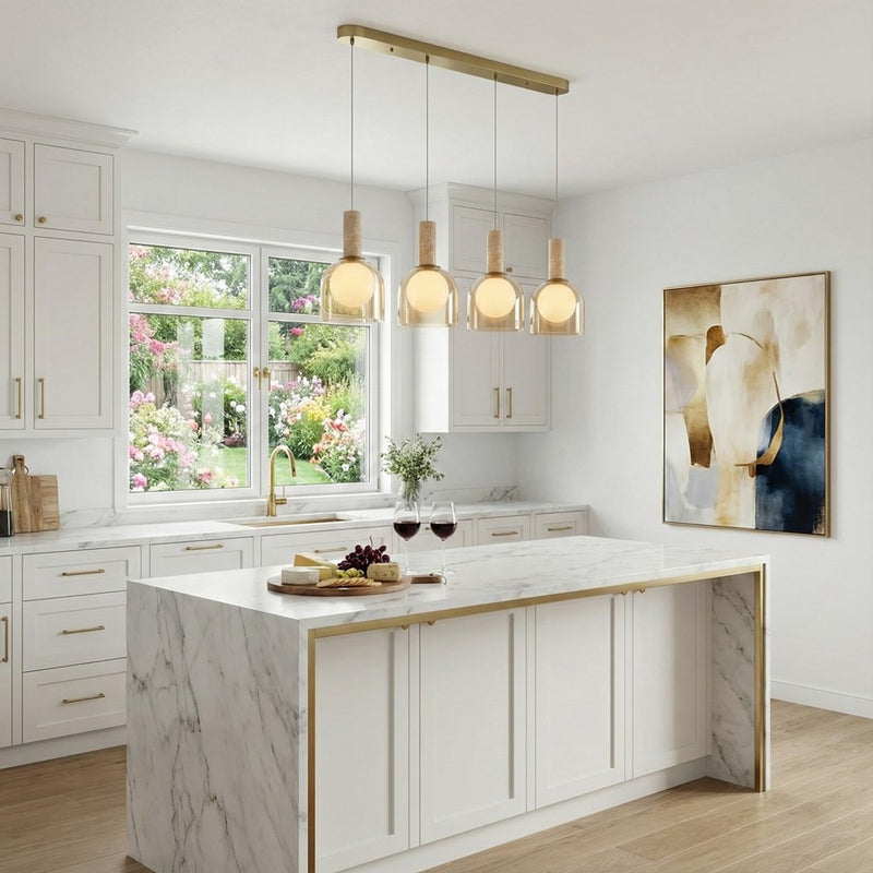 Artcraft Juna 4 Light Pendant, Brass/Amber/White