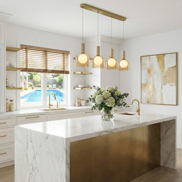 Artcraft Juna 4 Light Pendant, Brass/Amber/White