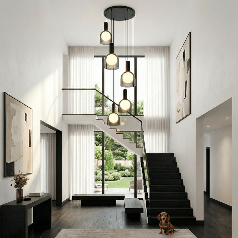 Artcraft Juna 6 Light Pendant, Black/Smoke/White