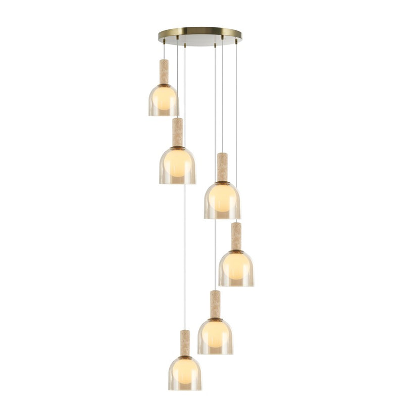 Artcraft Juna 6 Light Pendant, Brass/Amber/White