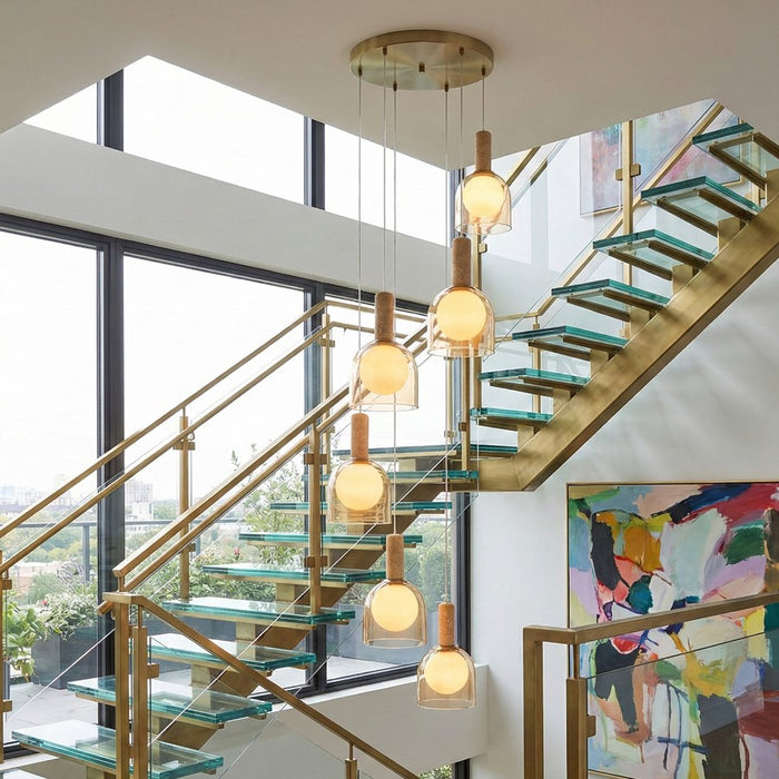 Artcraft Juna 6 Light Pendant, Brass/Amber/White