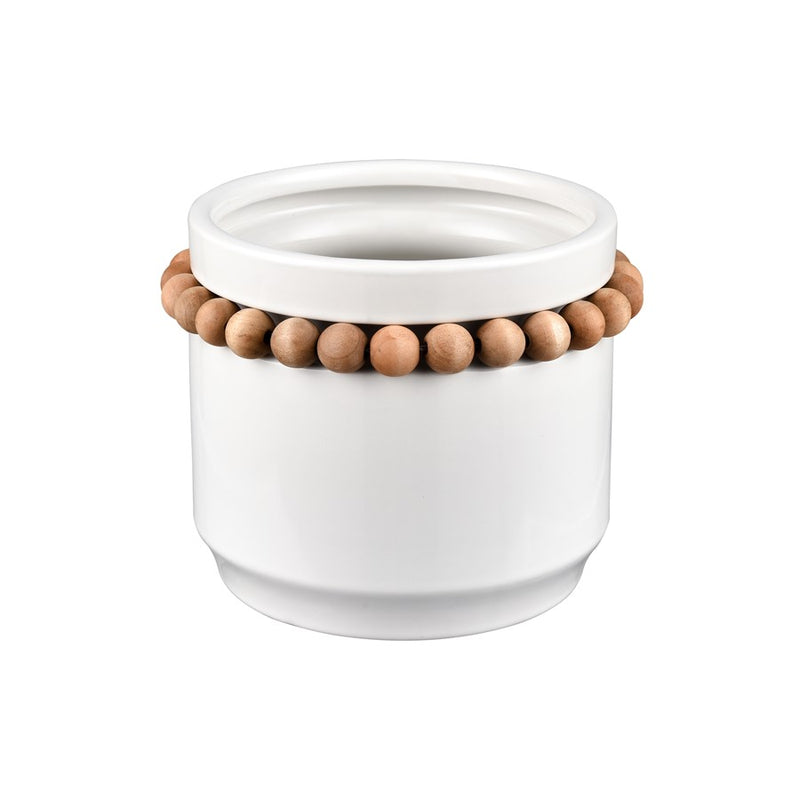 Atlas Lighting Anders Small Vase | Transitional White Earthenware & Natural Wood Beads | Flower Display & Coastal Decor | Model AC11035-01