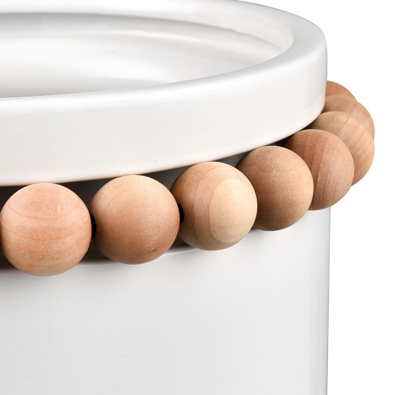 Atlas Lighting Anders Large Vase | Glossy White Earthenware with Natural Wood Beads | Coastal Living Room & Entryway Decor | Model AC11035-02