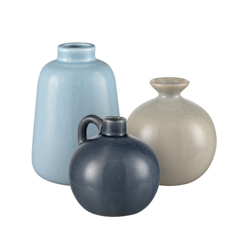 Atlas Lighting Andra Vase Set of 3 | Light Blue & Gray Crackle Glaze Earthenware | Modern Living Room & Shelf Decor | Model AC11036-01S