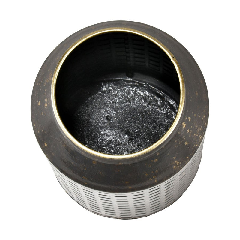 Atlas Armil Small Black & Gold Metal Vase | Etched Square Pattern | Modern Shelf & Table Decor | 6 x 6 x 10 in | Model AC11052-01