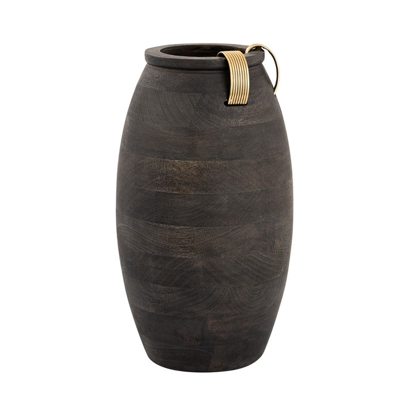 Atlas Lighting Barone 16in Ebonized Wood Vase | Modern Contemporary with Brass Cuffs | Living Room & Entryway Decor | 9 x 9 x 16 in | Model AC11074-01