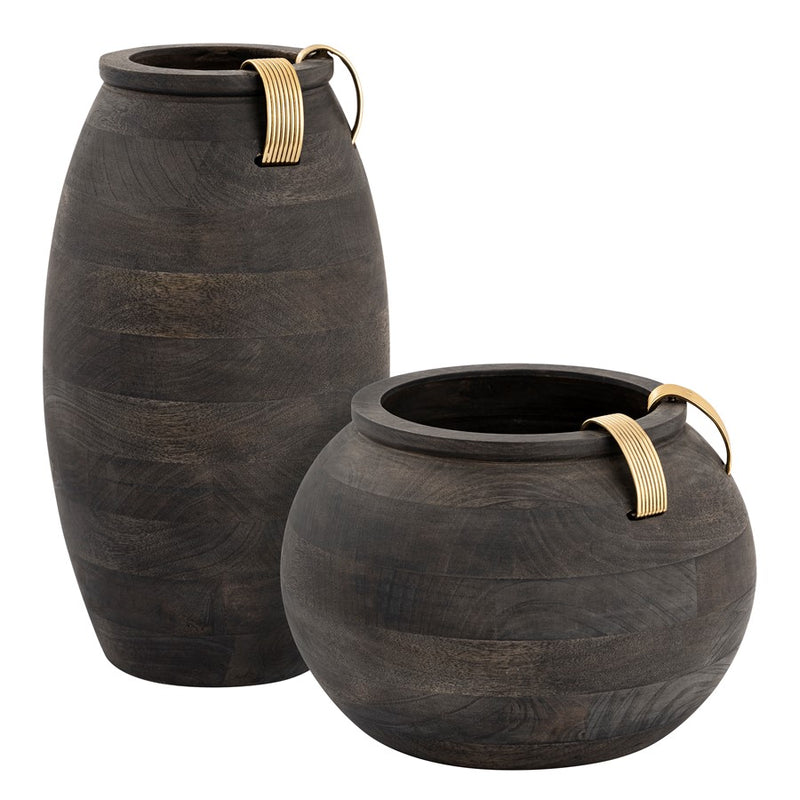 Atlas Lighting Barone 16in Ebonized Wood Vase | Modern Contemporary with Brass Cuffs | Living Room & Entryway Decor | 9 x 9 x 16 in | Model AC11074-01