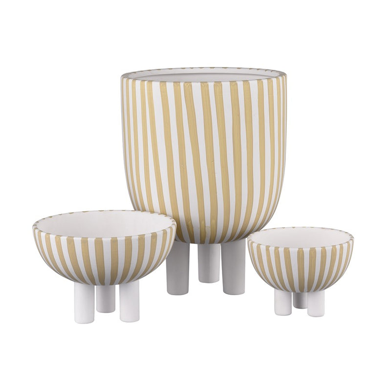 Atlas Lighting Booth Small Striped Bowl | Modern White & Beige Earthenware | Entryway & Coffee Table Decor | 4.75 x 4.75 x 3.5 in | Model AC11113-01