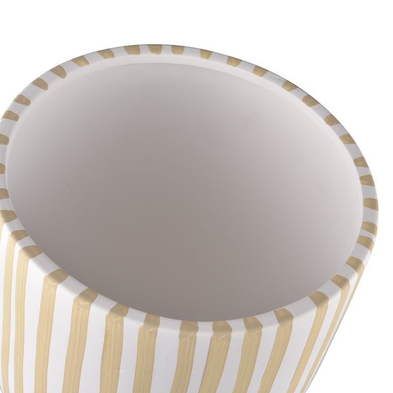 Atlas Lighting Booth Striped Vase | Modern White & Beige Earthenware | Living Room & Entryway Decor | 8 x 8 x 10.25 in | Model AC11114-01