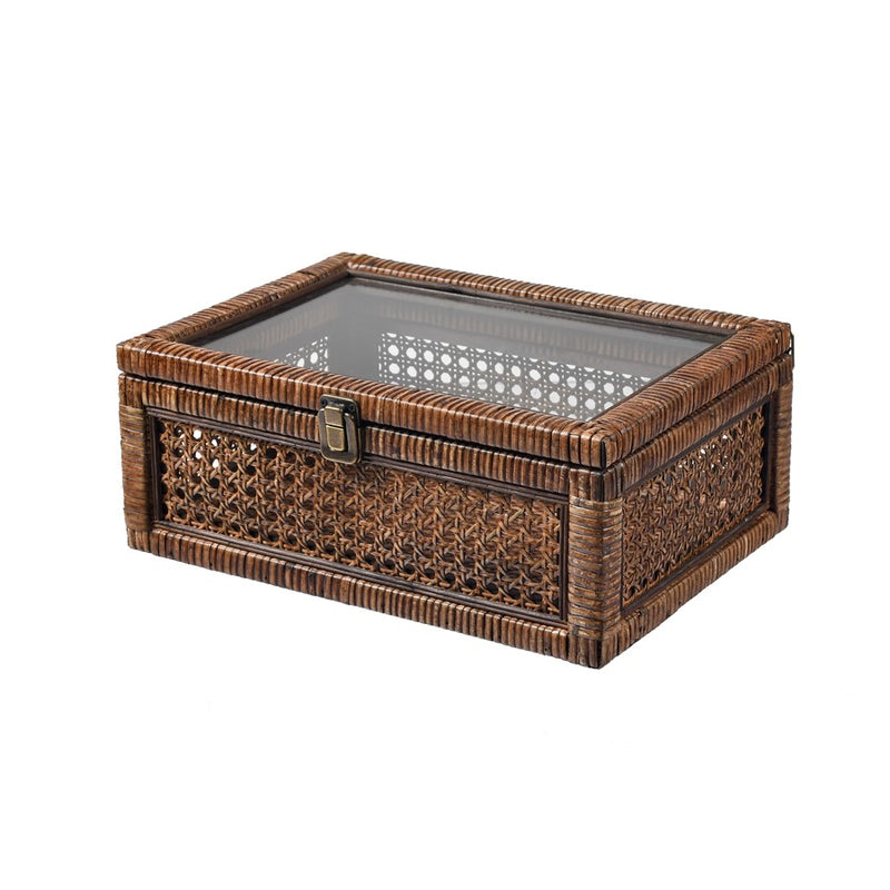 Atlas Lighting Bowman Box Set of 2 | Transitional Rich Brown Woven Rattan & Clear Glass | Shelf & Console Storage | Model AC11117-01S