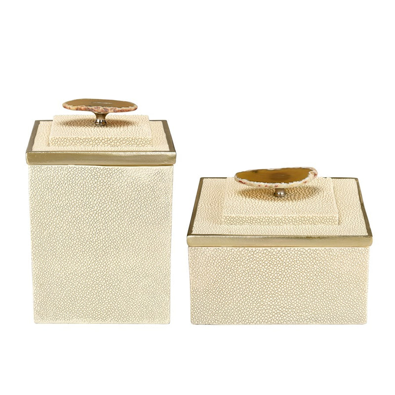 Atlas Lighting Brenner Set of 2 Ivory Faux Shagreen Boxes | Champagne Metal Trim & Agate Handles | Living Room & Bedroom Storage | Model AC11129-01S