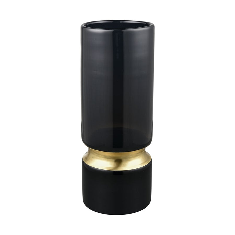 Atlas Lighting Brooke Large Vase | Black Glass with Brass Metal Ring | Living Room & Entryway Decor | 5 x 5 x 13.25 in | Model AC11138-03