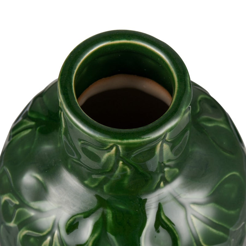 Atlas Lighting Broome Small Vase | Dark Green Earthenware with Leaf Pattern | Living Room & Entryway Decor | 4.25 x 4.25 x 8.25 in | Model AC11140-01