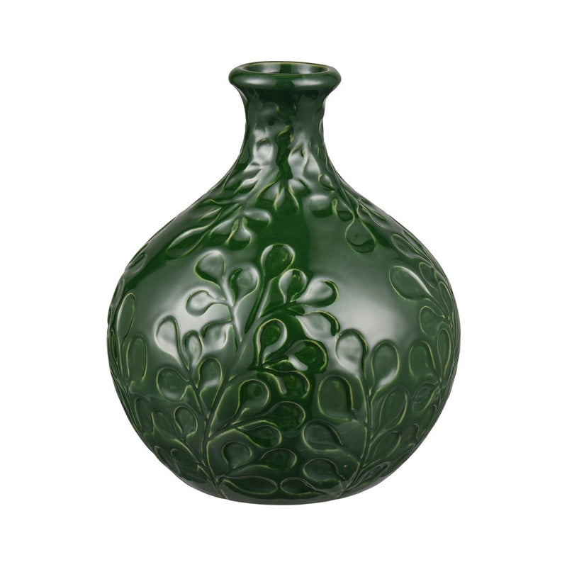 Atlas Lighting Broome Medium Vase | Dark Green Earthenware with Leaf Pattern | Living Room & Entryway Decor | 8 x 8 x 9.25 in | Model AC11140-02
