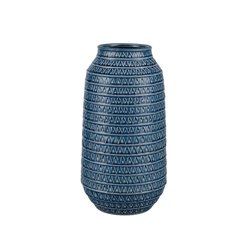 Atlas Lighting Camden 12.25in Dark Blue Earthenware Vase | Traditional Etched Triangle Texture | Console & Tabletop Decor | Model AC11153-02