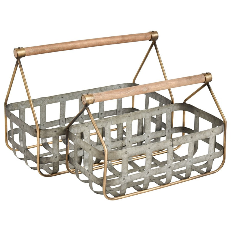 Atlas Lighting Catcliffe Set of 2 Galvanized Metal Baskets | Farmhouse Wood Handles | Kitchen & Entryway Storage | Model AC11164-01S
