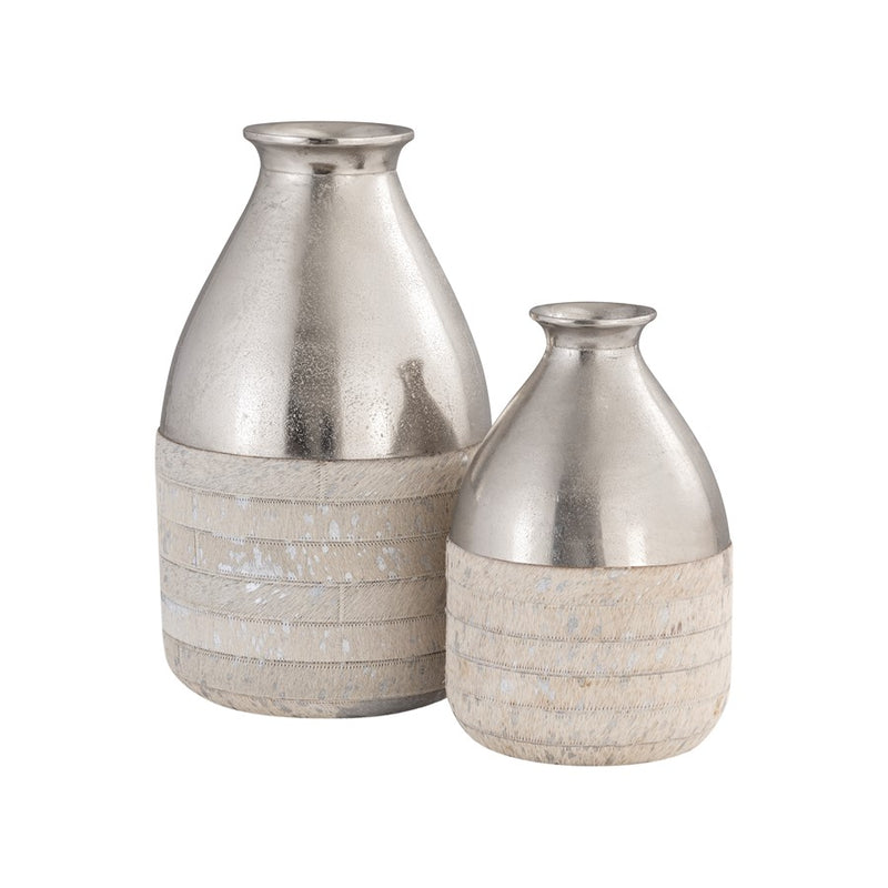 Atlas Lighting Chloe Large Vase | Silver Metal & White Hair-on-Hide | Floor, Shelf & Table Decor | 10 x 10 x 17 in | Model AC11178-02