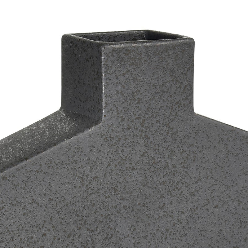 Atlas Lighting Drue 16in Speckled Black Earthenware Vase | Modern Sculptural Low Profile | Living Room & Entryway Decor | Model AC11269-02