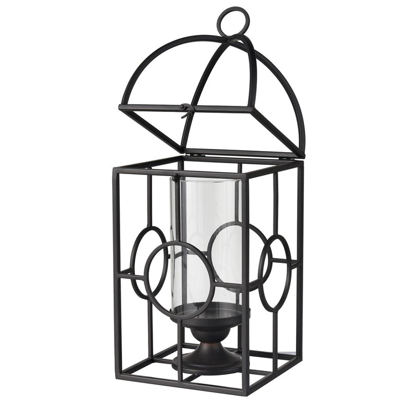 Atlas Lighting Earl Lantern | Black Metal Cage with Clear Glass Hurricane | Mantel & Tabletop Candle Holder | Model AC11276-01