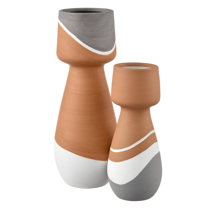 Atlas Lighting Eko Large Vase | Terracotta Earthenware with Graywash Bands | Modern Decor for Floor & Table | 5 x 5 x 14 in | Model AC11286-02