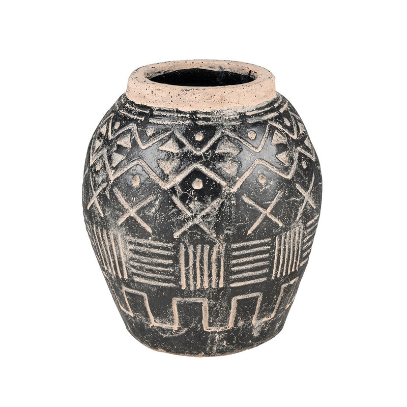 Atlas Lighting Eleni Large Vase | Black Earthenware with Tribal Etching | Transitional Decor for Floor & Table | 10 x 10 x 12 in | Model AC11288-01
