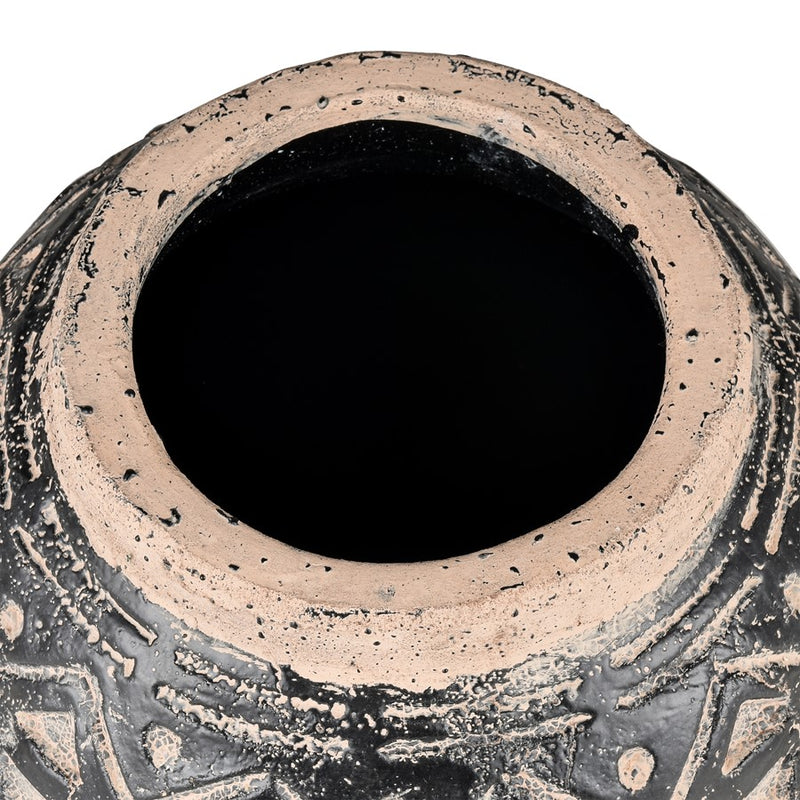 Atlas Lighting Eleni Large Vase | Black Earthenware with Tribal Etching | Transitional Decor for Floor & Table | 10 x 10 x 12 in | Model AC11288-01