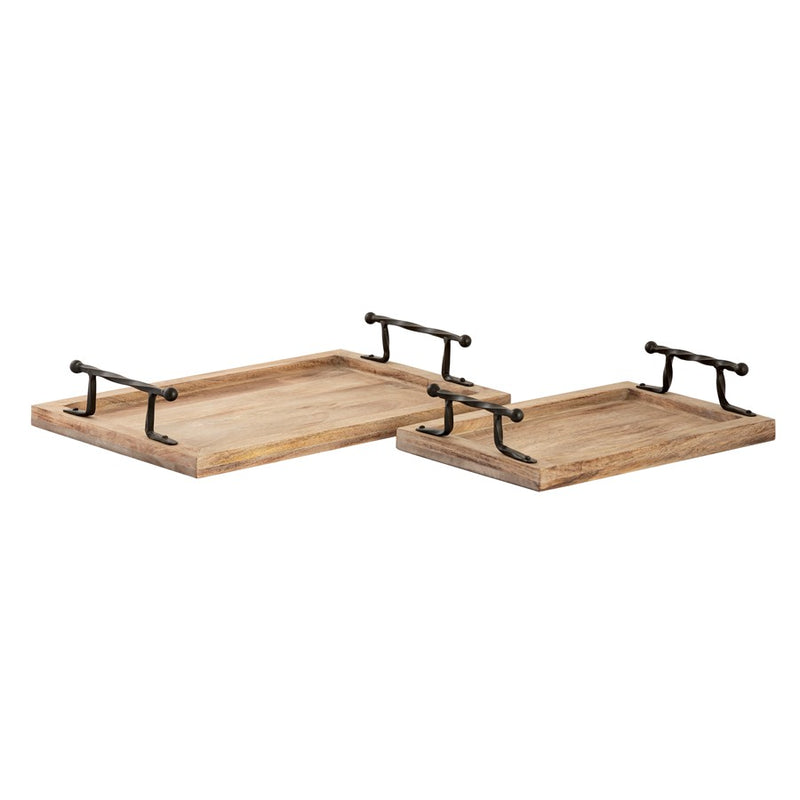 Atlas Lighting Ellwood Tray Set of 2 | Natural Mango Wood with Black Iron Handles | Living Room & Kitchen Serving Trays | 18.75in | Model AC11292-01S