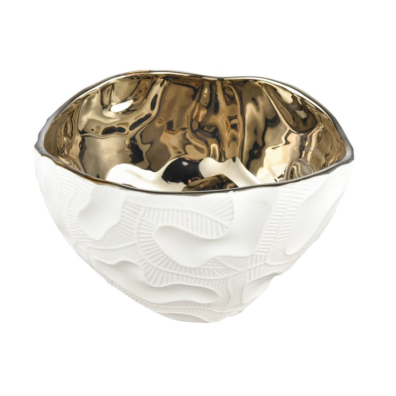 Atlas Lighting Halford Bowl | Matte White Earthenware with Gold Glazed Interior | Coffee Table & Kitchen Decor | 8 x 7.25 x 5.25 in | Model AC11358-01