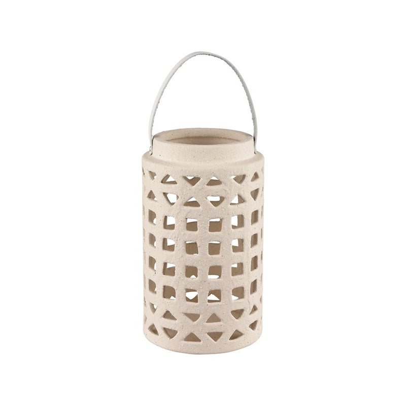 Atlas Lighting Haney Small 10in Lantern | Cream Earthenware with Leather Handle | Coastal Entryway & Patio Decor | 6 x 6 x 10 in | Model AC11362-01